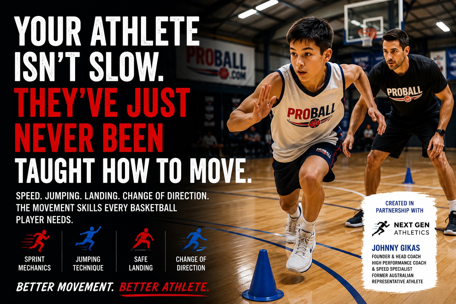 Young basketball player sprinting past a coach during a ProBall Flight School training session, highlighting speed, sprint mechanics, jumping, landing and change of direction drills designed to help young basketball athletes improve movement, athleticism and on-court performance in Sydney.