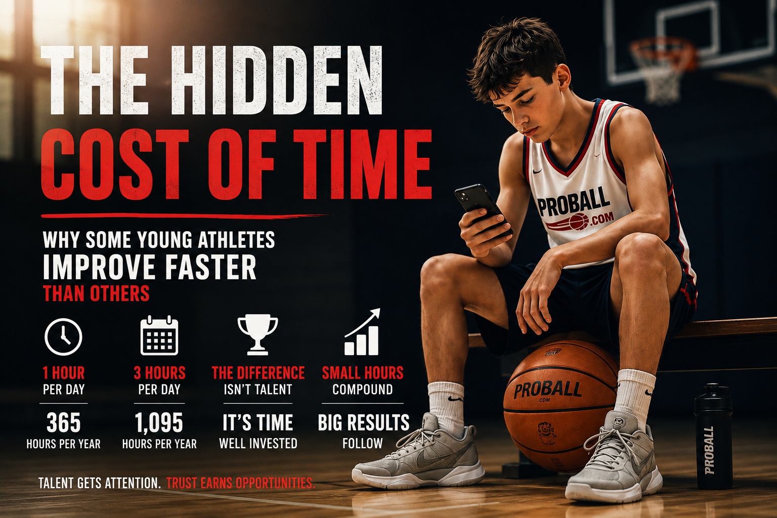 Young basketball player sitting on a basketball court looking at a phone beside a basketball, illustrating how small daily habits and time investment impact youth athlete development, confidence and long-term basketball improvement.
